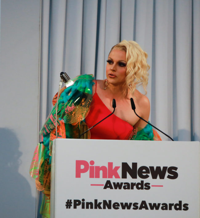 Courtney Act speaks at the Pink News Awards.