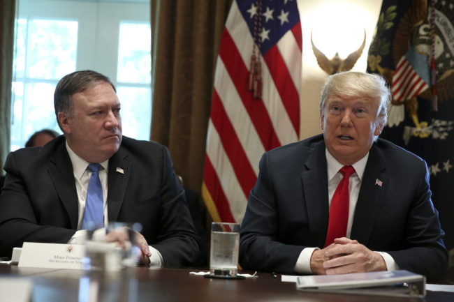 WASHINGTON, DC - AUGUST 16: US President Donald Trump (R), speaks during a Cabinet Meeting in the Cabinet Room of the White House on August 16, 2018 in Washington, DC. Next to President Trump Secretary of State Mike Pompeo. (Photo by Oliver Contreras-Pool/Getty Images)