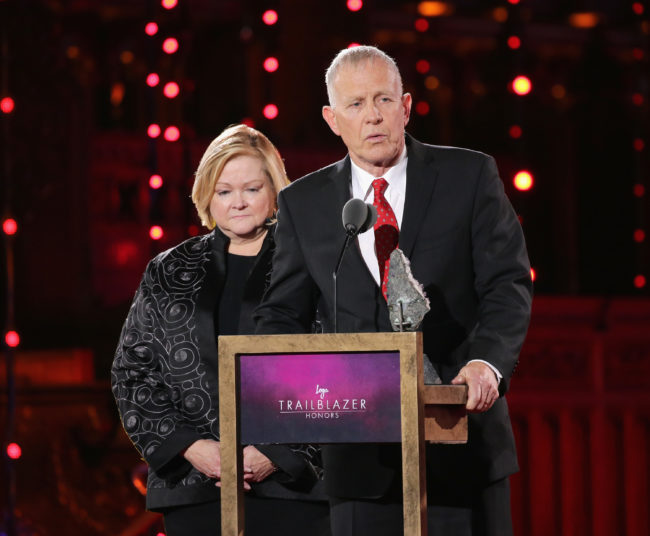 NEW YORK, NY - JUNE 25: Judy Shepard and Dennis Shepard speak onstage at Logo's "Trailblazer Honors" 2015 at the Cathedral of St. John the Divine on June 25, 2015 in New York City. (Photo by Neilson Barnard/Getty Images for Logo)
