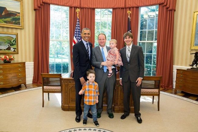 Gay democrat politician Jared Polis and his family visit the Oval Office. (Jared Polis/Facebook)
