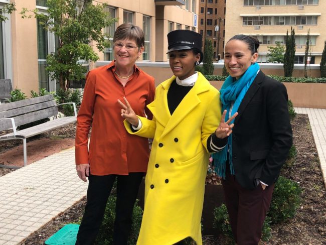 Candidate for governor Laura Kelly and candidate for Congress Sharice Davids pose with Janelle Monae ahead of the midterm elections.