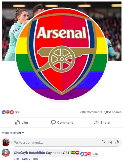 A Facebook user leaves a homophobic comment on Arsenal's Facebook page 