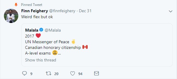First 'Weird Flex But Ok' Tweet. Finn Feighery response to Malala