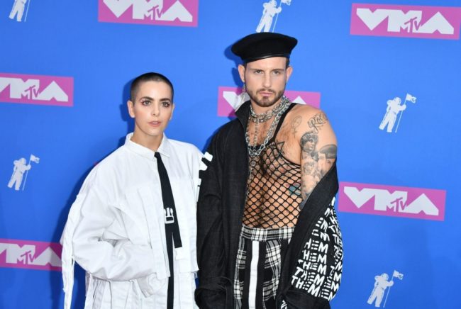 Musician Bethany Meyers and fiance US actor Nico Tortorella attend the 2018 MTV Video Music Awards at Radio City Music Hall on August 20, 2018 in New York City. (Photo by ANGELA WEISS / AFP) (Photo credit should read ANGELA WEISS/AFP/Getty Images)