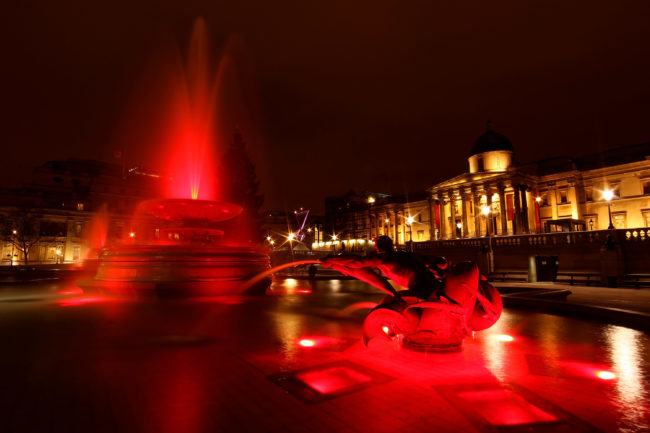 The fountains at Trafalgar Square turn red on World AIDS Day, to raise awareness of HIV prevention