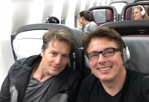 Instagram post John Barrowman and Scott Gill on plane landed in Los Angeles