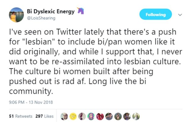 A tweet stating that bi-erasure should be avoided