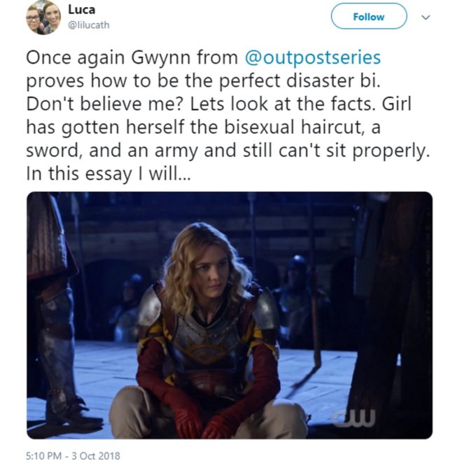 Post on Twitter about a character from The CW's The Outpost