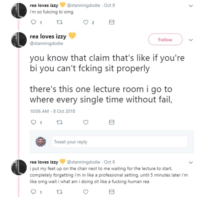 Post on Twitter about how a user can't sit properly and is therefore bisexual