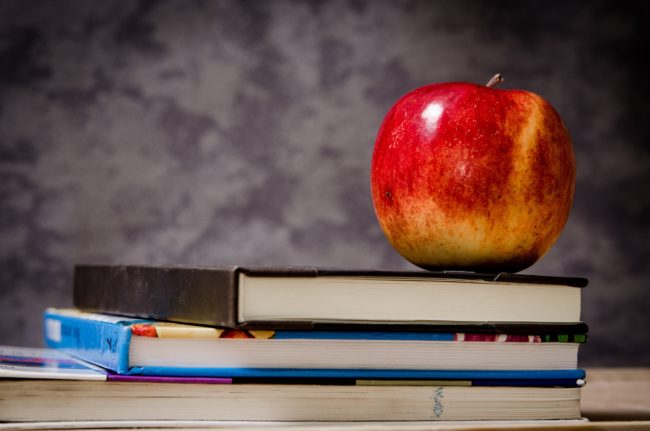 Photo of apple on books in front of school chalkboard