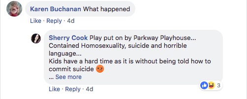 A Facebook comment condemns the play, whose performance spurred a group prayer.
