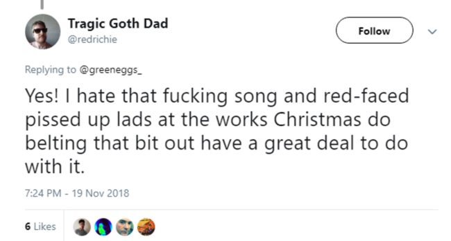 A post on Twitter agreeing with the original tweet about "Fairytale of New York"