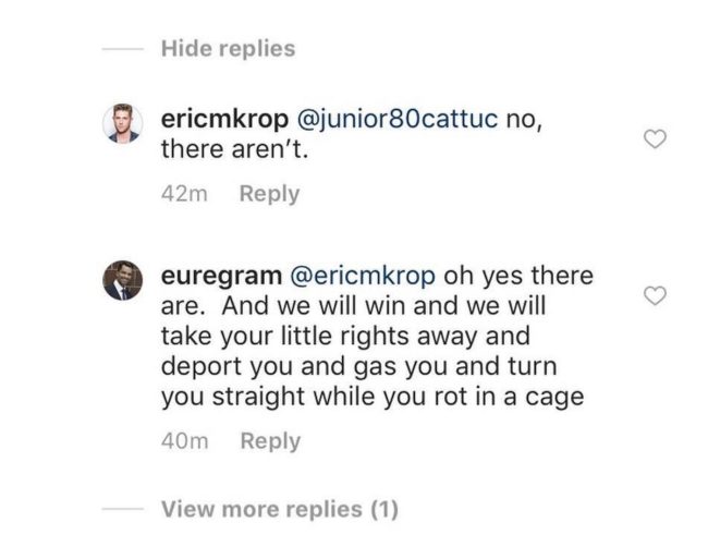 Gay Trump fan Bryan Eure responding to Eric Michael Krop on Instagram