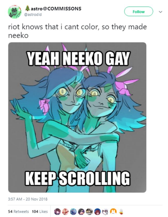 A fan of Neeko, a lesbian League of Legends champion, tweets their delight