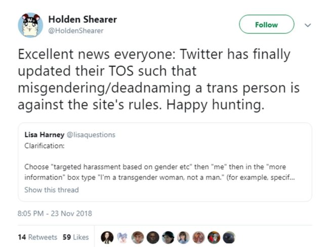 Tweet welcoming Twitter banning misgendering and deadnaming