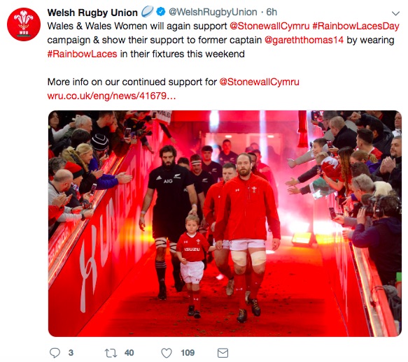 Welsh Rugby Union posts on Twitter in support of former captain Gareth Thomas 
