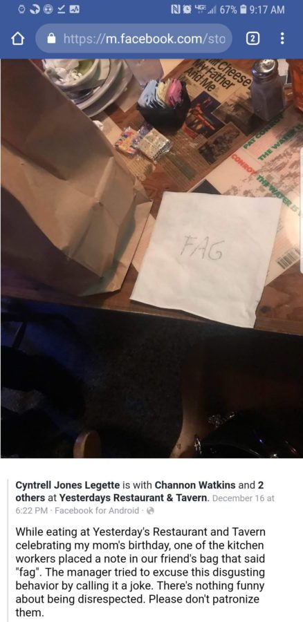 The homophobic note left by the kitchen worker of a South Carolina restaurant in a customer's bag.