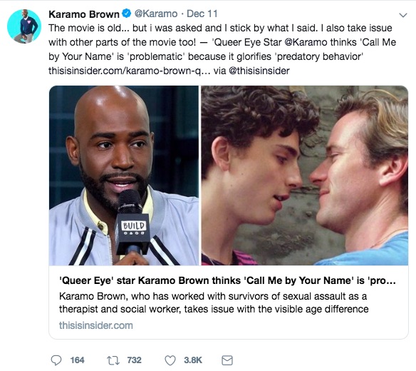 Queer Eye star Karamo Brown on Twitter about Call Me By Your Name