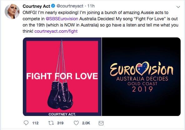 Courtney Act announces her newly-released song Fight for Love as part of her bid to represent Australia at Eurovision 2019.