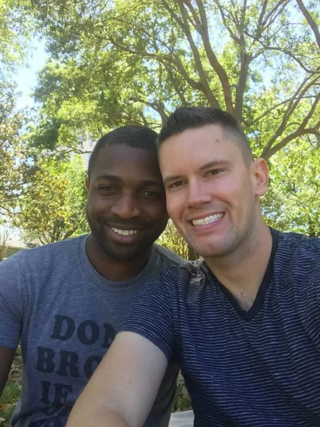 A photo of gay Florida couple Bryan Woodington and Kenneth Woodington, whose kiss appeared on WJXT 