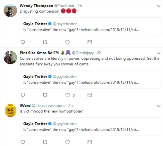 Some of the many tweets in response to Gayle Trotter's question: Is conservative the new gay?