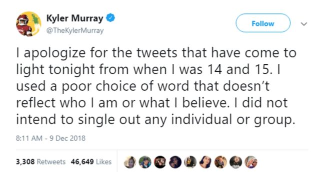 A tweet by Oklahoma University quarterback Kyler Murray apologising for his anti-gay tweets