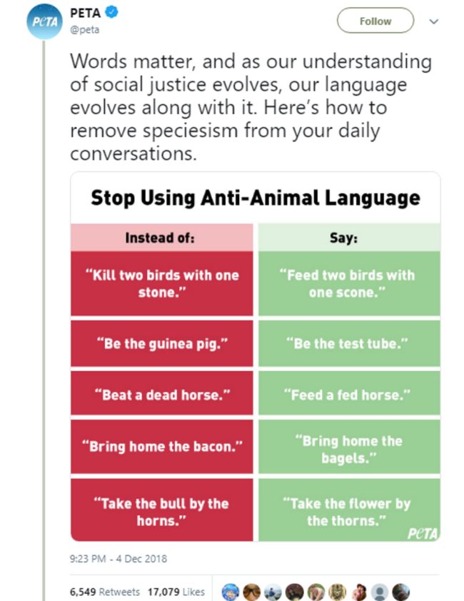 PETA's list of "unacceptable" animal-based idioms, which it compared to homophobia