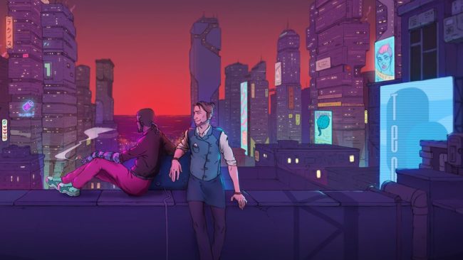 Braindeis and Donovan on top of the Red Strings Club. (Deconstructeam/Devolver Digital)