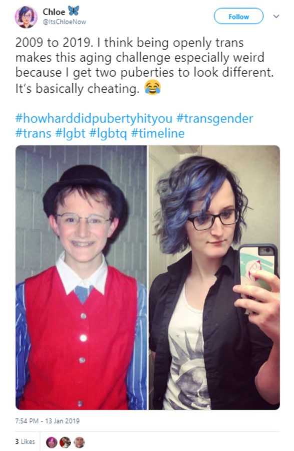 Transgender girl before and after. An example of a trans person using the #HowHardDidPubertyHitYou hashtag