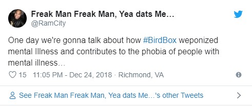 Tweet that Bird Box is representing mental illness negatively