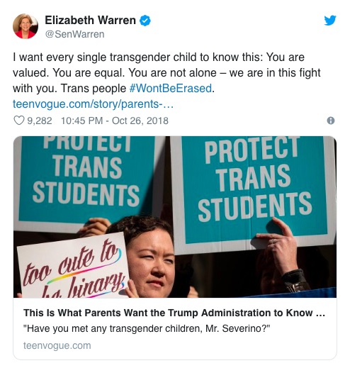 Elizabeth Warren posting in support of the trans community on Twitter 