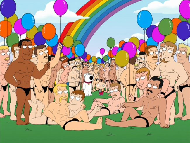 2009 Family Guy episode "Road to the Multiverse" featured the Universe of Homosexual Men, populated by naked gay men