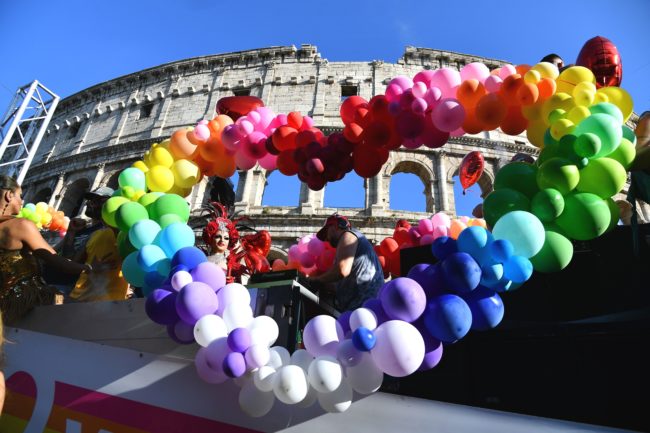 LGBT+ activists, who have condemned the Italian newspaper headline, take part in Gay Pride Parade in Rome on June 9, 2018.