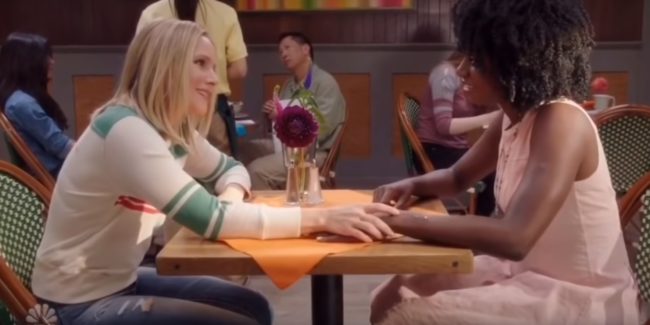 Eleanor Shellstrop (Kristen Bell) flirts with Simone (Kirby Howell-Baptiste) in an October 2018 episode of The Good Place