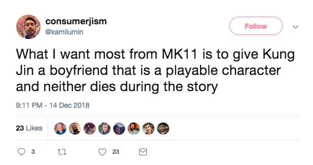 A fan discussing gay characters on Mortal Kombat 11 on Twitter 