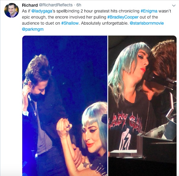 A tweet from a Lady Gaga fan enjoying the live performance of Shallow