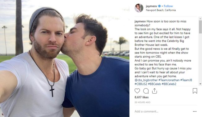 Jaymes Vaughan receiving a kiss from Jonathan Bennett, who is on Celebrity Big Brother season 2