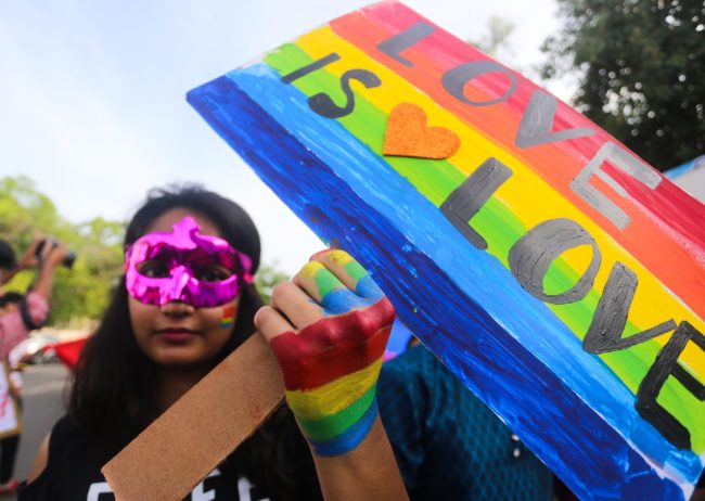 An supporter of the lesbian, gay, bisexual, transgender (LGBT) community in India takes part in a pride parade in Bhopal on July 15, 2018
