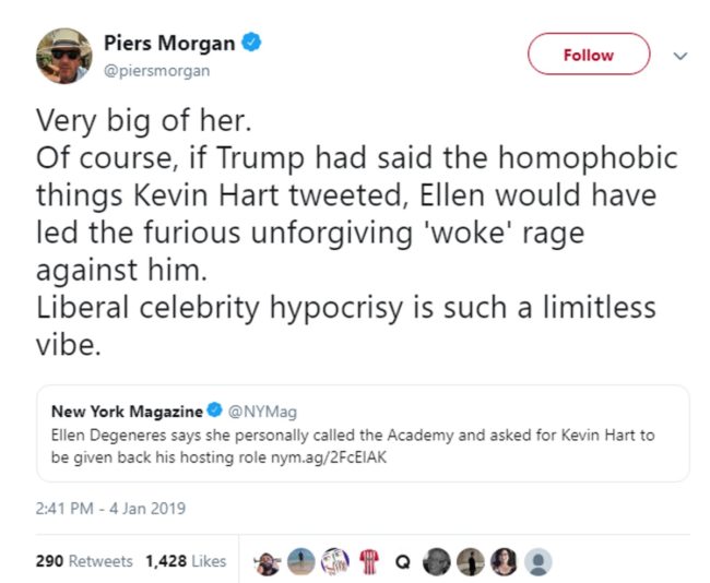 Piers Morgan's tweet attacking Ellen DeGeneres for supporting Kevin Hart's Oscars hosting bid