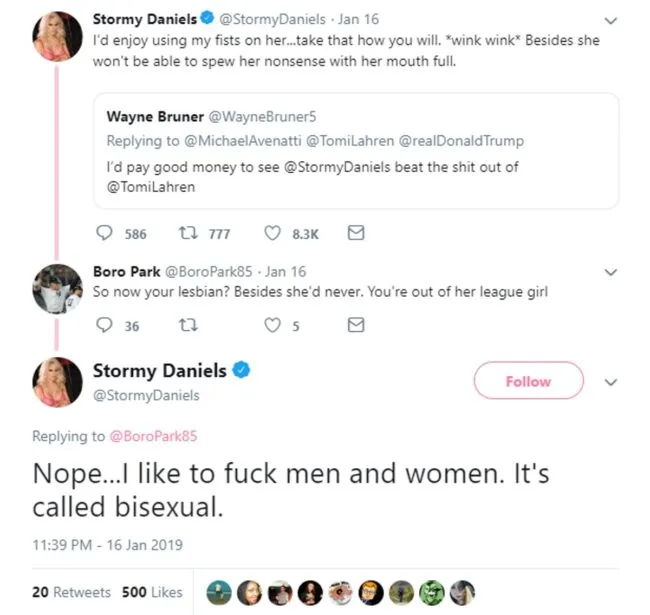 Stormy Daniels replied to tweets on Twitter by revealing that she's bisexual