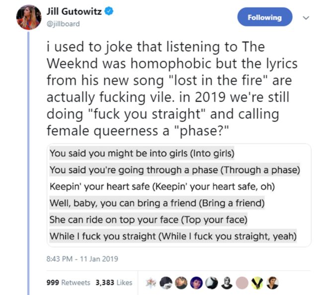 A tweet condemning lyrics in The Weeknd's song "Lost in the Fire"