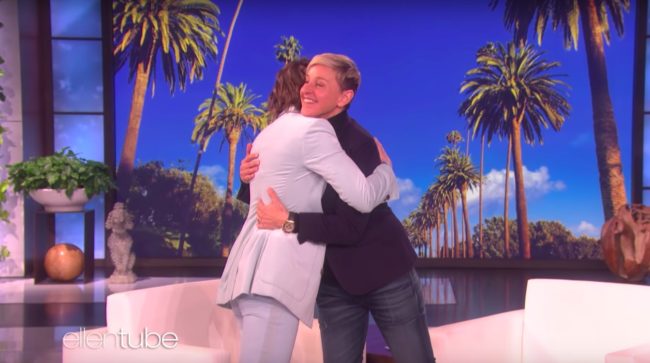 Brandi Carlile hugs Ellen DeGeneres.