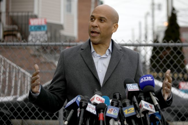 US Senator Cory Booker announces his run for US president in 2020, on February 1, 2019, outside his home in Newark, New Jersey. 