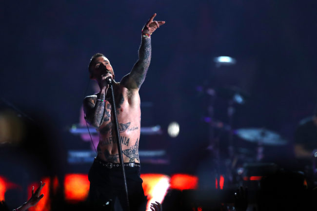 Shirtless Adam Levine of Maroon 5 performs during the Pepsi Super Bowl LIII Halftime Show at Mercedes-Benz Stadium on February 03, 2019 in Atlanta, Georgia.