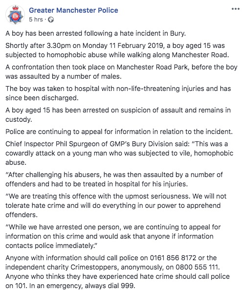 Greater Manchester Police's statement over the "homophobic" attack 