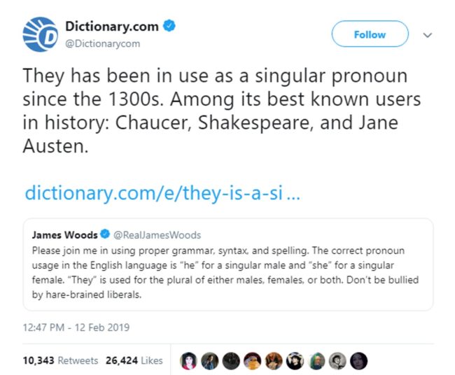 A tweet from Dictionary.com tearing apart James Woods and his logic