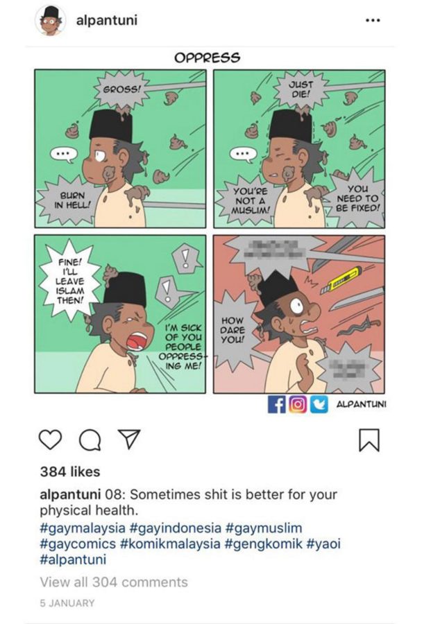A comic strip on Instagram by @Alpantuni which depicts a gay Muslim character in Indonesia