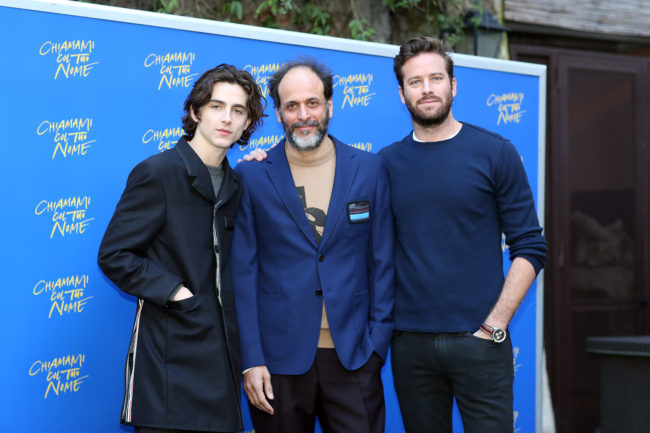 Timothee Chalamet, Italian director Luca Guadagnino and Armie Hammer attend 'Chiamami Col Tuo Nome (Call Me By Your Name)' at De Russie Hotel on January 24, 2018 in Rome, Italy.