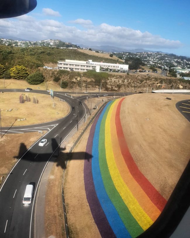 A photo of Wellington Airport and its giant rainbow from the air