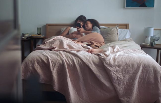 Two women acting as a pregnant lesbian couple in a Samsung advert